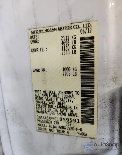 2012 Nissan Maxima S from USA, damaged, VIN 1N4AA5AP9CC859591